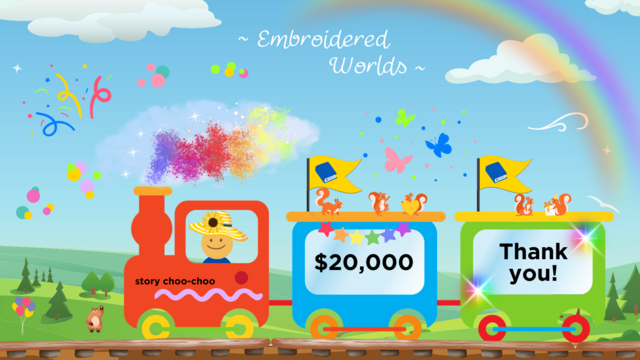 cute train that says $20,000 surrounded by confetti, rainbows, and squirrels, says: Thank you! under a blue sky that says Embroidered Worlds in the clouds
