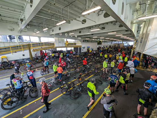 Bicycle riders in colorful cycling garb with their bicycles are gathered on the main car deck inside a Washington state ferry.