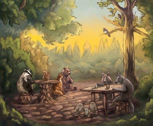 A forest illustration with animals sitting at tables, a wolf, bear, badger, owls, fox, boar, squirrel and a bird.