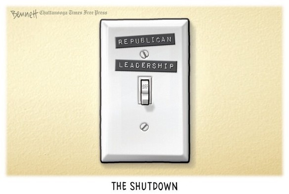 Cartoon/graphic (by Bennett, CTFP)

A light switch is labelled "Republican Leadership". It is turned off.  

A caption reads: "THE SHUTDOWN"