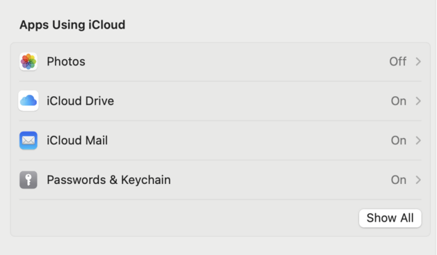 Screenshot of iCloud settings on macOS Sonoma showing that syncing Passwords & Keychain has changed to on after the Mac was successfully upgraded from macOS Ventura