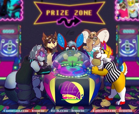 Artworking showing 5 characters around a cyclone arcade game, 3 characters at the bottons, and 2 watching and waiting to play.