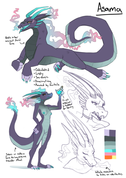 A sketch sheet with a few fully colored versions of a purple dragoness character. She is in both feral and anthro forms. Text on the image describes her personality and abilities. A few uncolored expressions show her inhaling a smokey essence and a face of disgust.