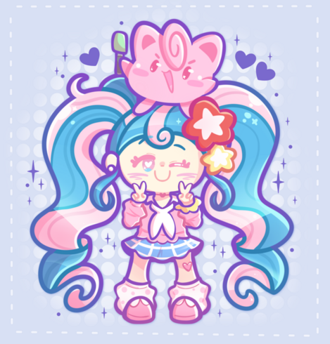 Art of a chibi Hatsune Miku in her Project VOLTAGE fairy type design. She has both her hands up to her face in a peace sign and is winking. There is a Jigglypuff on top of her head holding out her microphone.