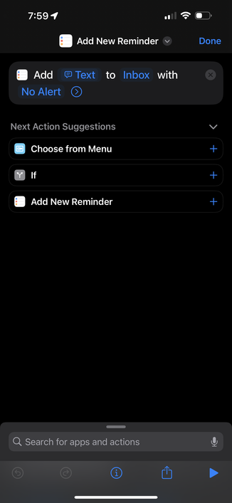 A screenshot of the Shortcuts app for iOS, showing the details of a simple shortcut that adds a Reminder item.