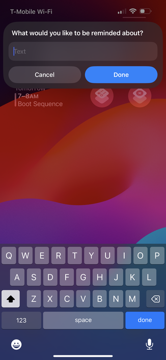 Screenshot of the iOS Lock Screen, showing the text box opened when triggering the shortcut from the first screenshot.