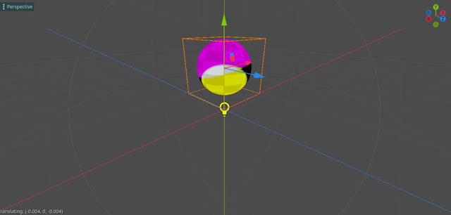 An animation of the Godot game engine editor. A checkered sphere is moved around a lamp, which casts a circular yellow light with sharp edges onto it. A magenta light shines on it from above.