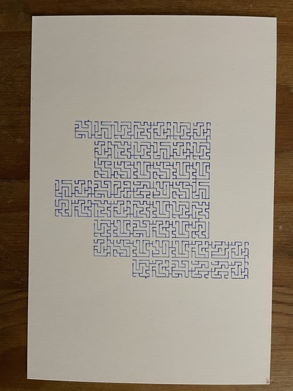 A visualization of the following poem as a maze: vowel sounds are represented as a series of square acyclic mazes, connected in order of poem appearance (line breaks create a serpentine pattern).