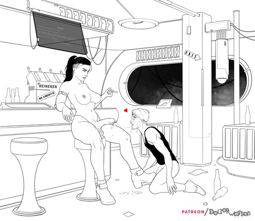 A naked, busty futanari(hermaphrodite/human female with penis) bartender sits on a barstool, smoking a cigarette having just ejaculated from oral sex performed on her by a skinny male patron, who is on his knees in front of her, apparently in lieu of payment for his drinks.