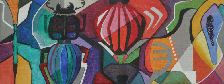Acrylic painting on canvas showing abstract shapes of beetles in colors used to highlights parts of the painting rather than representing the actual colors in the insects.