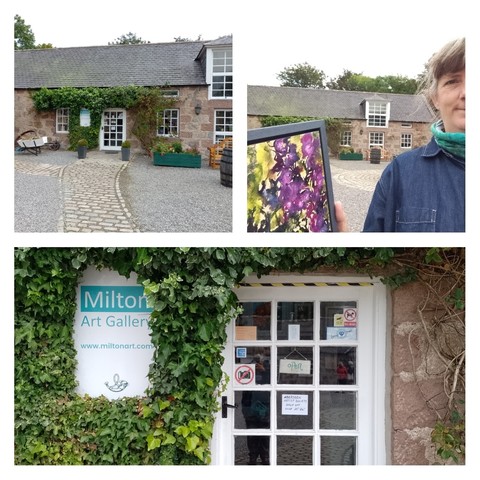 Collage of three images. Bottom is close up of gallery entrance, top left is a wider angle of the gallery in Milton of Crathes steading, top right is me holding my "Flower Garden" painting outside the gallery