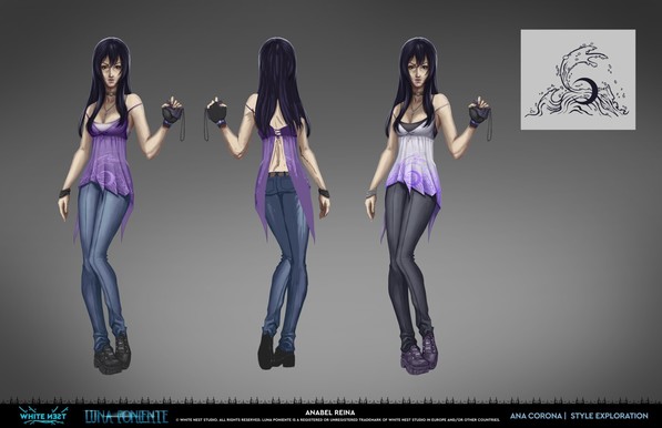 Final render for the character design of Ana Corona, the main character of my solo videogame Luna Poniente(Setting Moon). The back view is still not complete, nor the color palette squares, but two front views with different colored outfits and a pattern are complete.