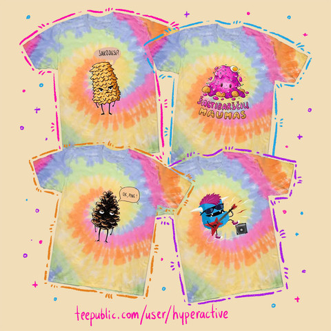 An image of four tie dye t-shirts with quirky cartoon illustrations of edgy pine cone, Lithuanian pink soup, monster playing electric guitar and Lithuanian spiky cake "Šakotis".
