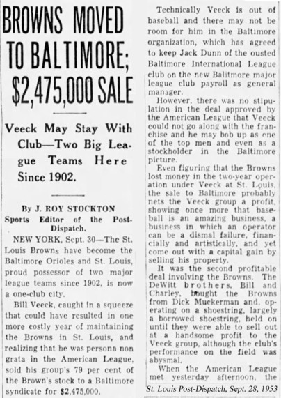 A front-page news story published by the Post-Dispatch on Sept. 30, 1953, announcing the sale of the Browns and team’s move to Baltimore. Here’s a link: https://rb.gy/nj3p0