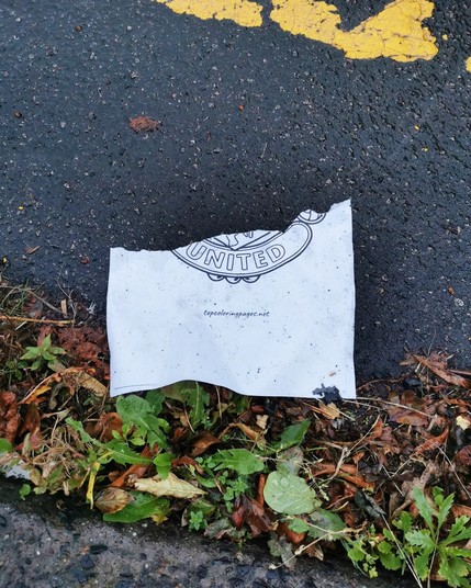 Litter. A torn piece of paper with the word "united" on it.