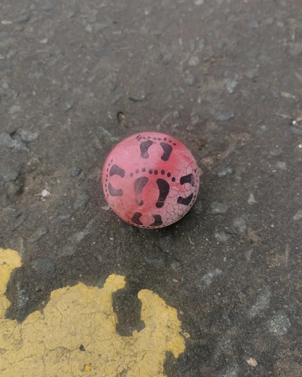 Litter. A red dog-toy ball with foot print design on it.