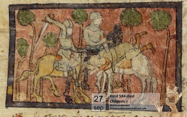 The picture shows a woodland scene. On the left, an armed figure on horseback, a sword in his hand, far out to strike. On the right a crowned figure falling from his horse, he will be hit by the blow. In the background another figure, armed and on horseback, holding the fighter out for the blow. All three figures have no faces.