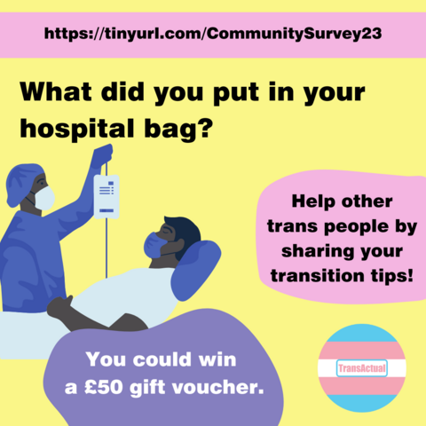 What did you put in your hospital bag? Help other trans people by sharing your transition tips! You could win a Â£50 gift voucher.â€™ Illustration of a surgeon at a personâ€™s bedside, the person is lying back with their eyes closed.
