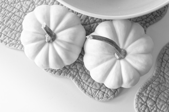Monochrome photograph of two white mini-pumpkins. The camera is looking straight down to the tops of the two pumpkins. A bowl can be partially seen in the upper right of the photo. The bowl and pumpkins are set on a fabric placemat which appears medium gray. The lower left corner shows the white table. The overall mood is light and high-key.