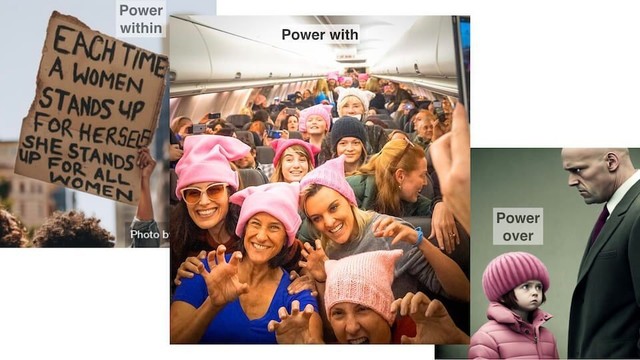 Three images illustrating aspects of status and power: A women's march sign that reads "EACH TIME A WOMAN STANDS UP FOR HERSELF SHE STANDS FOR ALL WOMEN"; women wearing pink "pussy hats" on an airplane; and a large man in a business suit scowling down at a little worried girl dressed in pink.