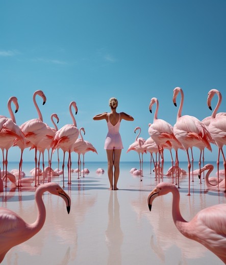 A woman wearing a pink swimming dress stands on a beach. Left and right many pink flamingos. Ocean and blue sky in the background.