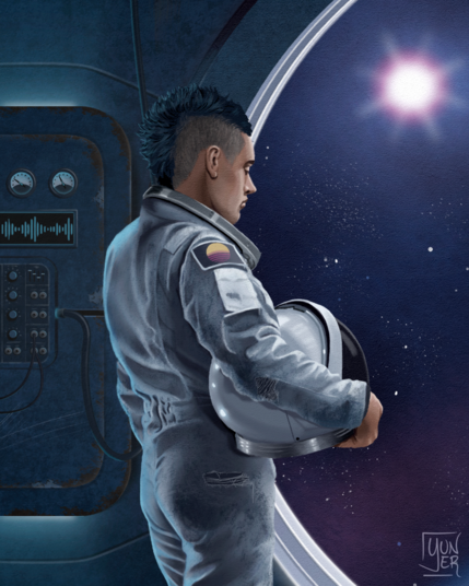 An astronaut with a mohawk and a dirty and torn space suit who from his spaceship looks into space with an absorbed expression, behind him speedometers, cables and neon lights of a rusty and scratched control panel.