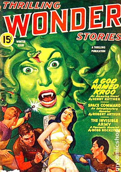 A woman is tied to a pillar, looking up to the sky where a giant green-lit face of a woman surrounded by snakes can be seen. Three men are apparently trying to rescue the woman, one of them firing at the green face.
Magazine cover from the 1940s,

Thrilling Wonder Stories vol. 25, no. 2 (1944).
