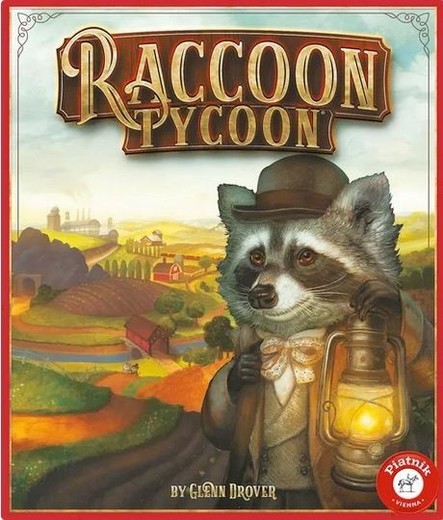 Das Cover von RACCOON TYCOON.

Ein Waschbär vor einer prototypischen Zeit-der-Industrialisierung-Landschaft