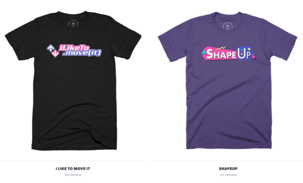 A black t-shirt with my I Like To Move It logo with DDR up and down arrows in white with pink and purple outlines next to a purple t-shirt with my ShapeUp logo with 90s style triangles and squiggles also in pink and purple.