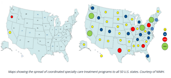 Two maps of the US all in light blue, showing where coordinated specialty care treatment programs were available in the US 20 years ago (on the left, basically California and Oregon) and where they are available now (basically, all of them now have some, and quite a few states have a lot of them).