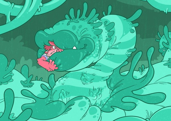 Giant green plant with big lips sucks in a pink wolf anthro between its lips with the impressions of hands and feet pushing out from its belly
