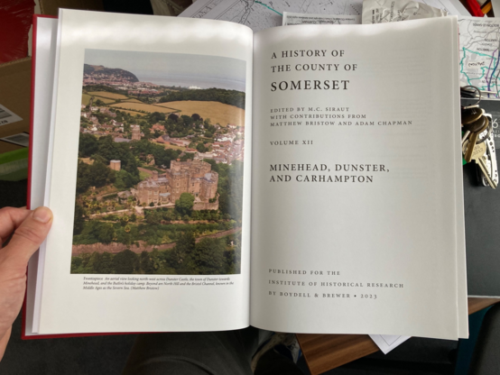 Photo of a copy of the book mentioned in the post, open at the title page: A History of the County of Somerset, volume XII, Minehead, Dunster and Carhampton.