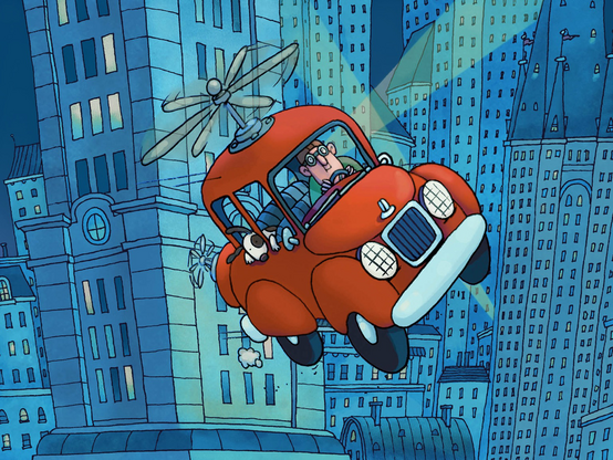 Man and his dog flying a red car over a blue city