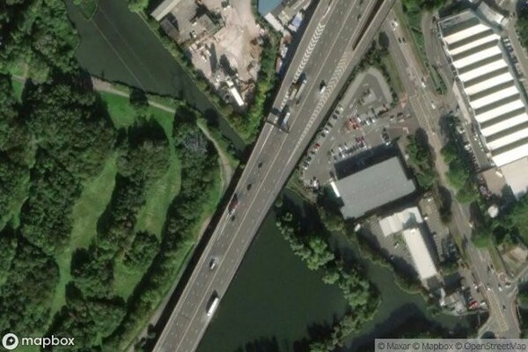 A satellite image of the area containing M5 Bridge. Provided by MapBox.