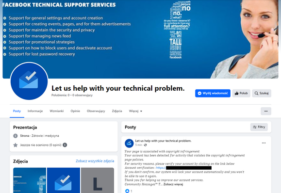 Fałszywa strona pomocy technicznej Facebooka