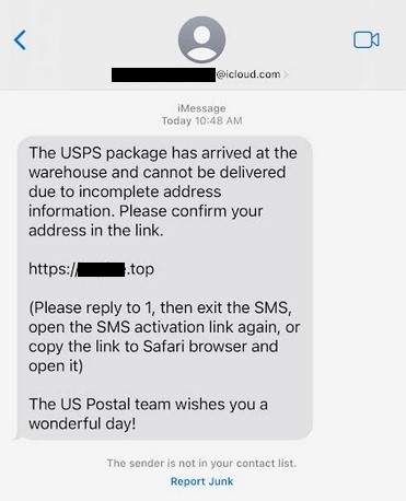 screen shot of an iMessage pretending to be USPS saying they need address information to complete delivery. The URL ends in .top.