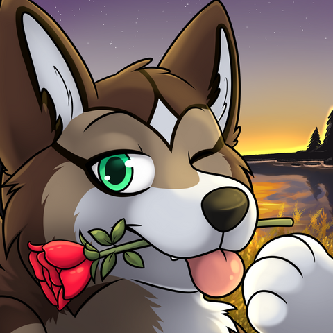 A headshot of a brown, tan, and white wolf with a white diamond on his forehead. He is holding a red rose in his mouth and winking. The sun is setting behind him onto a lake.