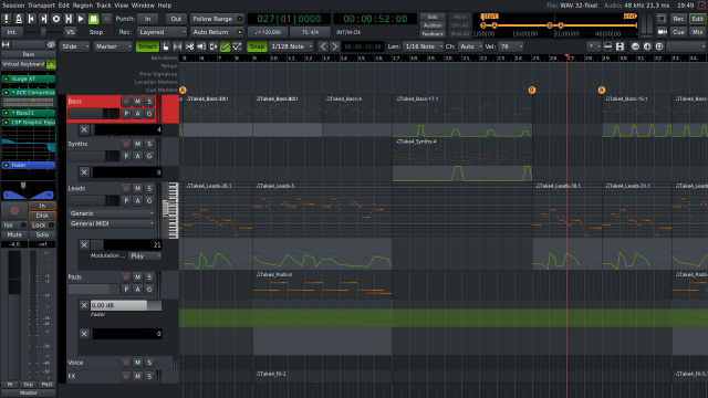 A view of the user interface (in a dark theme), with general parameters at the top (menus, position in the current song, buttons for launching recording and playback, etc.), and underneath a timeline for each instrument and note played, with effect curves, and a stylized piano for some. On the left, an area reserved for connections (a Virtual Keyboard) and plugins, listing these (Surge XT - a libre synthesizer, ACE Compressor, Bass21, LSP Graphic Equalizer, Fader) with stylized links representing their interconnections. Below, a few control buttons and a bar graph.

Ardour is a libre, multi-platform and mature professional digital audio workstation (DAW) for working with audio and MIDI. It allows you to record, orchestrate, edit, mix, and dynamically apply an unlimited number of effects (built-in or via plugins) to the user's musical compositions, with an unlimited number of tracks. It includes everything needed to record and design a complete musical composition, podcast, electronic music, sound effects or the soundtrack of a video clip (via the import of a video used as a timeline to synchronize the user's sound tracks - that just needs to be recorded with the video from the interface).