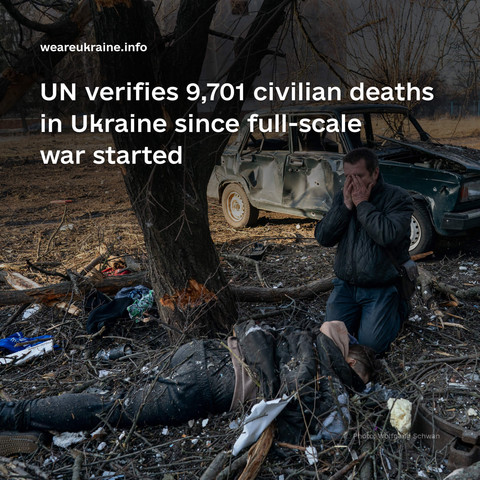 weareukraine.info poster

A disstessed man hold his hands to his face as he kneels beside a corpse in the background is a damaged car and a general seen of destruction

With the text #UN verifies 9,701 civilian deaths in #Ukraine since full-scale war started