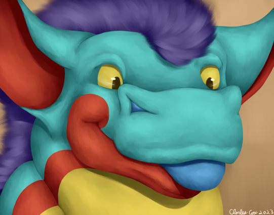 Portrait of a chubby blue, red, and yellow dragon.  They are facing forwards and slightly to the right.  They have a happy blep expression with the tip of their tongue poking out their lips.