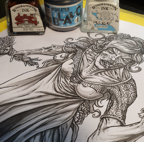 ink washing a zombie bride drawing/painting