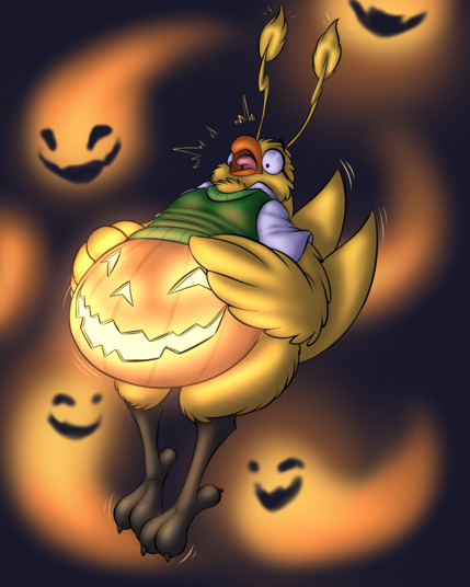 YCH from posexe. Michael Macaw/Zai, yellow parrot, possessed by spirits that are turning his belly into a bulging jack-o-lantern. He looks surprised/worried.