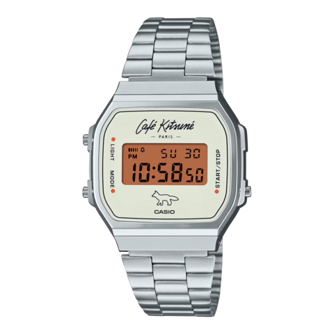 a digital watch by Casio with an outline of a fox above the Casio logo and "Cafe Kitsune Paris" above the display