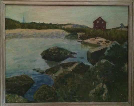 An oil painting of a view from a very rocky shore, looking across an inlet. Towards the upper right is a dark red peaked-roof house. To the right of the house is a vaguely human-looking figure, running towards the house, or perhaps dancing. Across the inlet at upper left, and farther in the distance, is a tall thin structure reminiscent of the Eiffel Tower.
