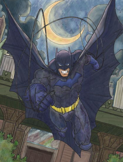 Image of Batman dropping from a train trestle against a moonlit sky, colored in Krita using RGBA brushes.