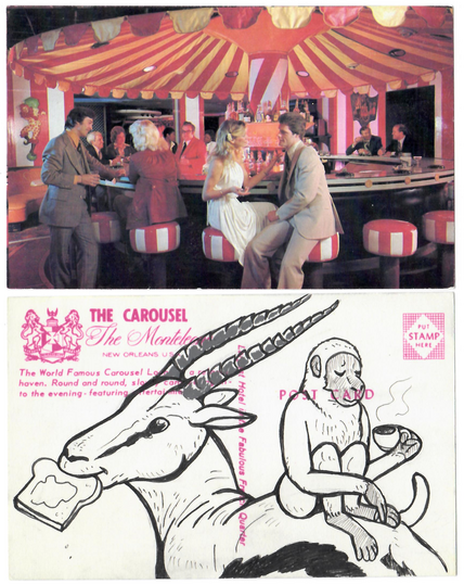 A scanned vintage postcard, front and back. On the front is a scene from The Carousel, a bar and lounge at the Hotel Monteleone in New Orleans. On the back is a pen and ink illustration of a gazelle eating toast, with a monkey on their back drinking a tiny cup of coffee.