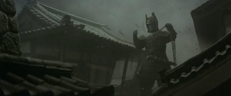 image of large monster, very tall, wearing armor, holding a large heavy chain as a weapon, grey stormy skies behind him
