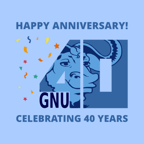 A cutout GNU mascot illustration sits in the background of the number 40 with the letters GNU just below the overhang of the 4 while colorful confetti falls down beside. The text of Happy Anniversary! and Celebrating 40 Years appear above and below the GNU 40 badge.