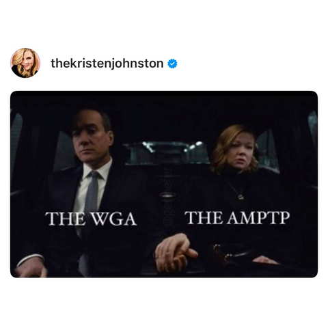 Screenshot of meme posted by thekristenjohnston:  [Photo of Matthew Macfadyen and Sarah Snook in the HBO series : Succession - season 4. They sit in a limo, uneasily holding hands, Matthew’s character is labeled, “THE WGA” and Sarah’s character is labeled, “THE AMPTP.”]