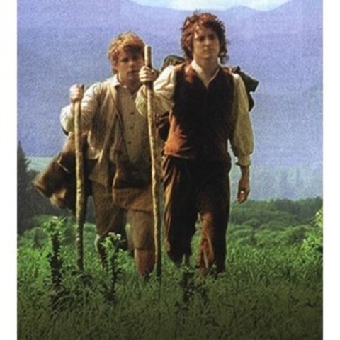 The hobbits Sam and Frodo, walking sticks in hand, wearing backpacks, off to The Prancing Pony.